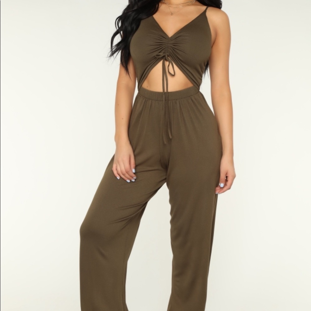 A olive green jumpsuit